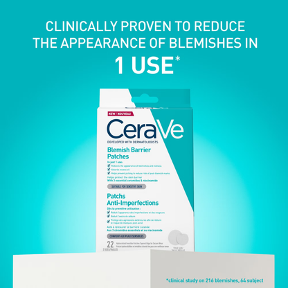 CeraVe Blemish Barrier Patches retail box shown on a bright turquoise background with promotional text above and a small inset of the patches at the bottom.