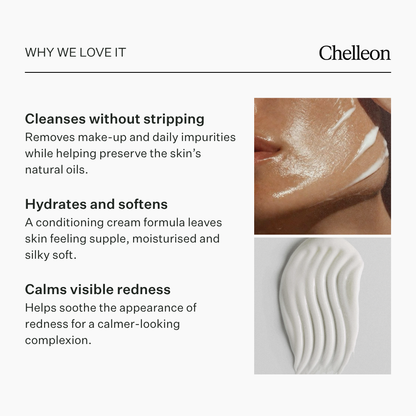Promotional graphic for Chelleon skincare text on a light gray background, with three benefit claims and two inset photos: a close-up of cream being applied to skin and a close-up of white cream swirled on a surface.