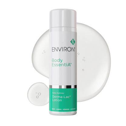 A white bottle of Environ Alpha Hydroxy Derma-Lac Lotion with a green and white label. The bottle is cylindrical and contains 200ml of lotion, designed to deeply moisturize and refine skin texture. It features lactic acid to promote natural exfoliation, hydrate, and soften skin, addressing various concerns such as dryness, pigmentation, and rough texture. The product is recommended for use on both the body and face to achieve smoother, more radiant skin.