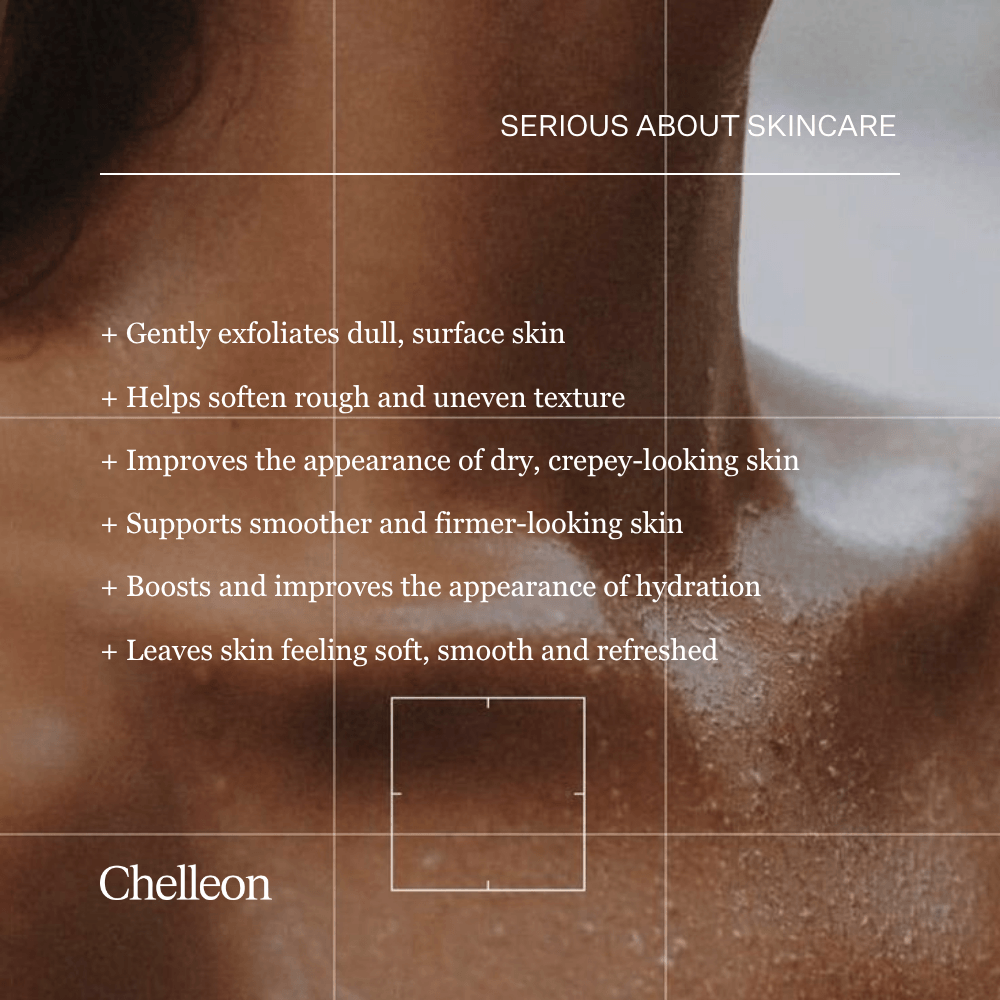 A skincare promotional graphic with a close-up of a person's neck and shoulder area, overlaid with text reading 'SERIOUS ABOUT SKINCARE' and product benefits. The word 'Chelleon' appears at the bottom left.