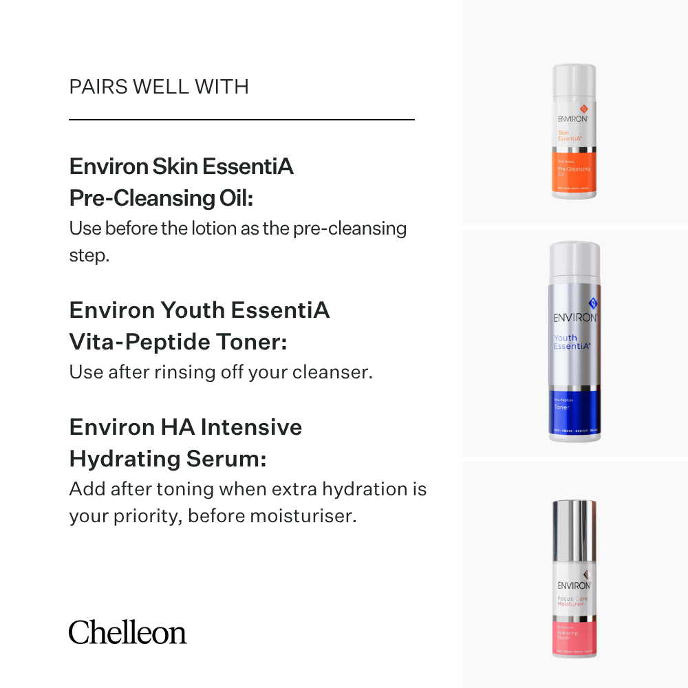 A promotional graphic on a white background showing three Environ skincare bottles with text describing how they pair with Chelleon products: Environ Skin EssentiA Pre-Cleansing Oil, Environ Youth EssentiA Vita-Peptide Toner, and Environ HA Intensive Hydrating Serum.