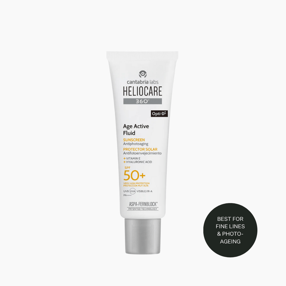Heliocare 360° Age Active Fluid SPF50+ 50ml tube on grey background