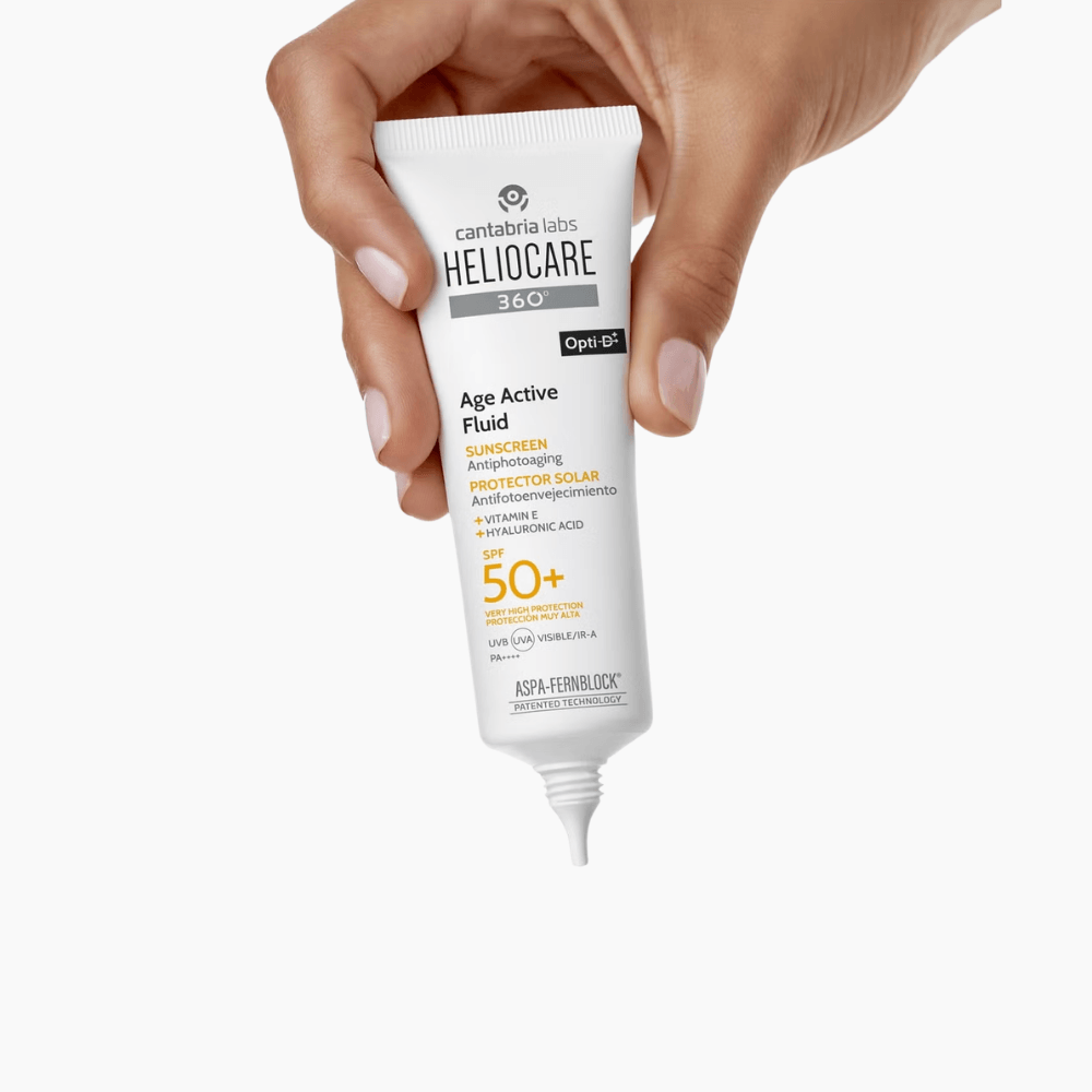 Heliocare 360° Age Active Fluid SPF50+ in-use application on skin