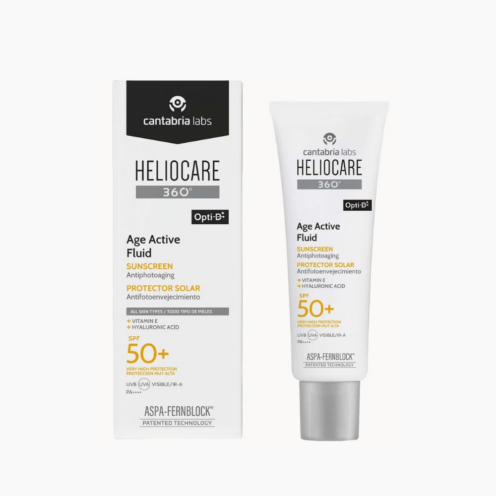 Heliocare 360° Age Active Fluid SPF50+ 50ml tube and packaging box