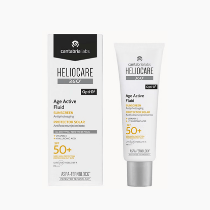 Heliocare 360° Age Active Fluid SPF50+ 50ml tube and packaging box