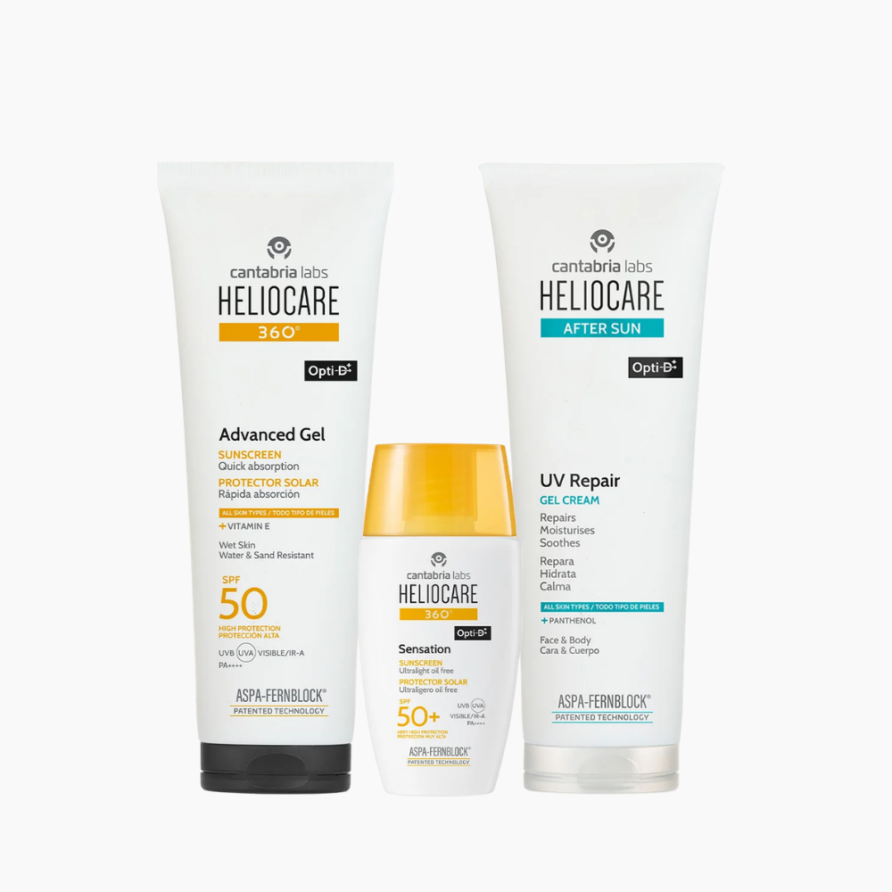 Three Cantabria Labs Heliocare skincare products from Opti BP are displayed against a light gray background: a tall SPF 50+ Advanced Gel tube, a Sensations SPF 50+ bottle with a gold cap, and a UV Repair Gel Cream tube.