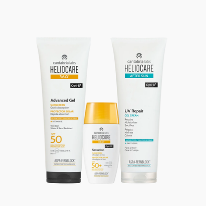 Three Cantabria Labs Heliocare skincare products from Opti BP are displayed against a light gray background: a tall SPF 50+ Advanced Gel tube, a Sensations SPF 50+ bottle with a gold cap, and a UV Repair Gel Cream tube.