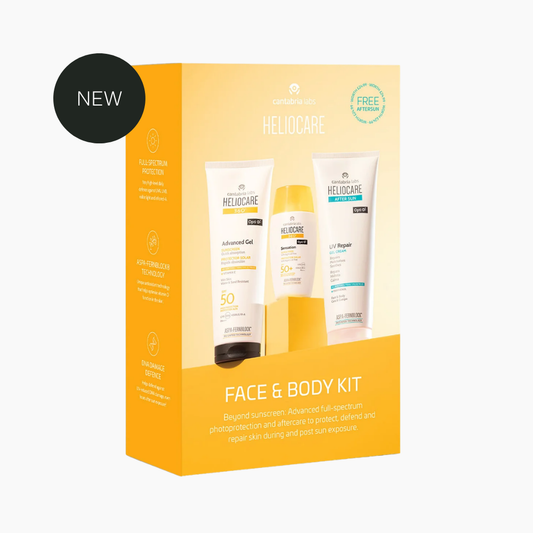 Heliocare Face & Body Kit in a yellow-orange box, featuring three skincare tubes and a bottle with a black circular 'NEW' badge overlay in the top left corner.