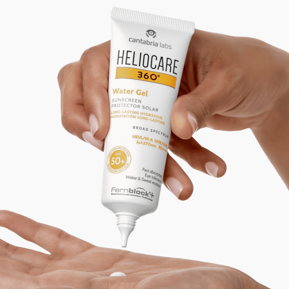 Heliocare 360° Water Gel SPF50+ applied to skin — lightweight, no white cast finish