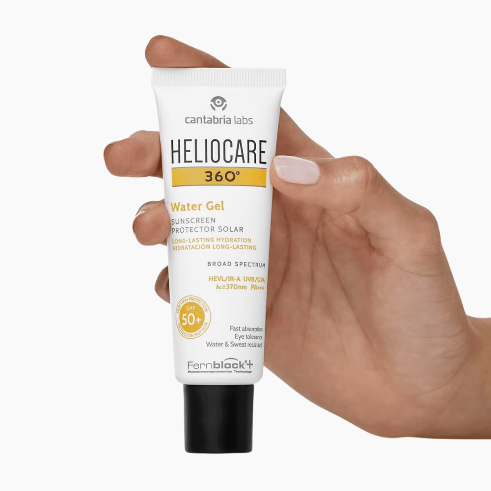 Heliocare 360° Water Gel SPF50+ in use — fast-absorbing, matte finish suitable for all skin tones