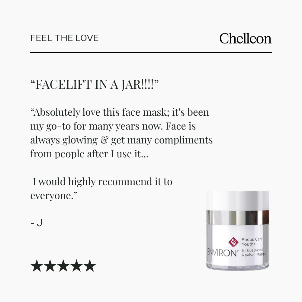 Skincare product with customer review text on a white background