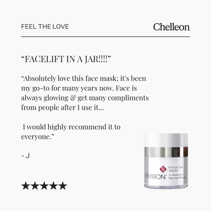 Skincare product with customer review text on a white background