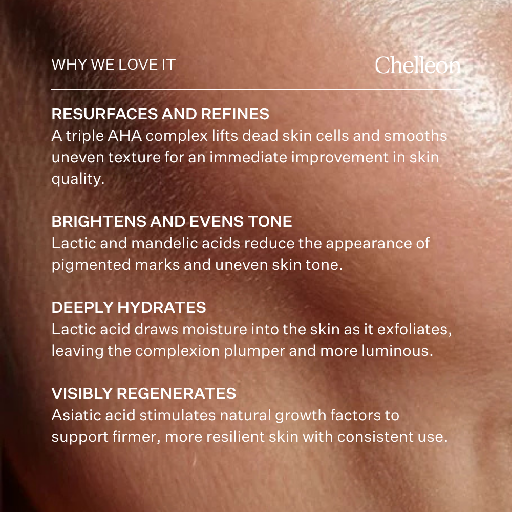 Product description text overlay on a skin texture background