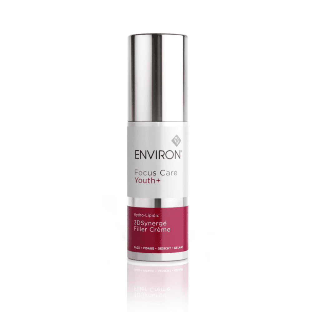 A bottle of Environ Focus Care Youth+ Hydro-Lipidic 3D Synergé Filler Creme, skincare product designed for anti-aging benefits.