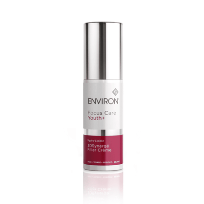 A bottle of Environ Focus Care Youth+ Hydro-Lipidic 3D Synergé Filler Creme, skincare product designed for anti-aging benefits.