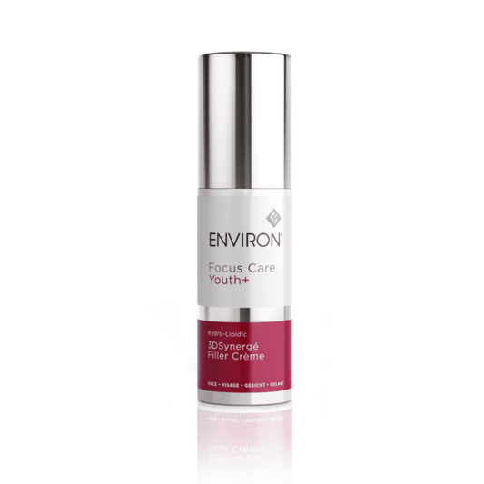 A bottle of Environ Focus Care Youth+ Hydro-Lipidic 3D Synergé Filler Creme, skincare product designed for anti-aging benefits.