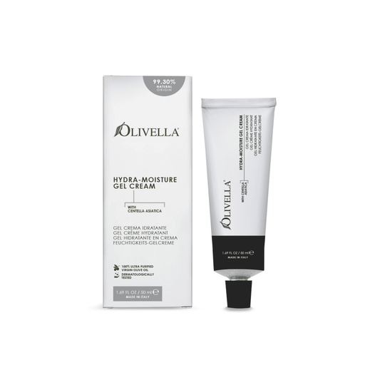 Olivella Hydra Moisture Gel Cream packaging and tube. The product is presented in a white tube with black and green labeling, next to its packaging box with similar color scheme.